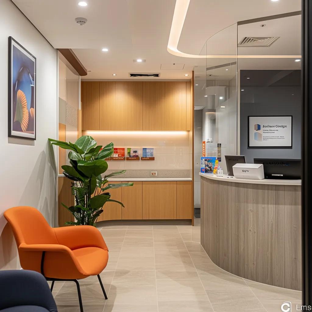 a modern dental office in sandgate, featuring a sleek reception area with bright, inviting colors, showcasing preventive dental care brochures prominently displayed to engage local residents.