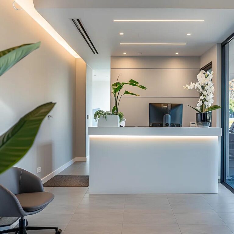 a modern dental office in sandgate, featuring a sleek reception area with a welcoming atmosphere, where an expert practitioner discusses affordable dental services with a patient, illuminated by soft, professional lighting.