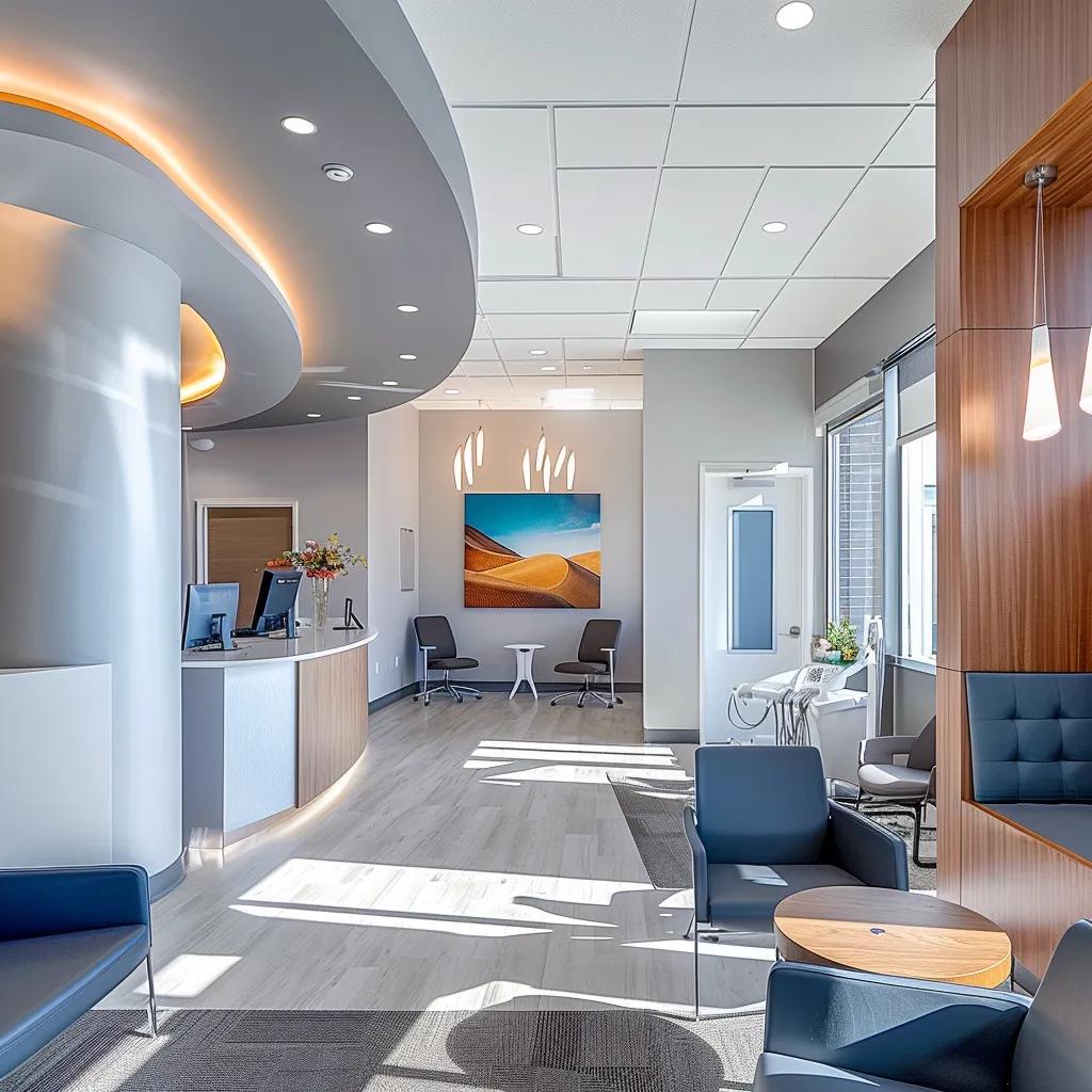 a modern dental office featuring a bright, welcoming reception area with sleek furniture and cheerful decor, emphasizing the theme of comprehensive care provided by a family dentist.
