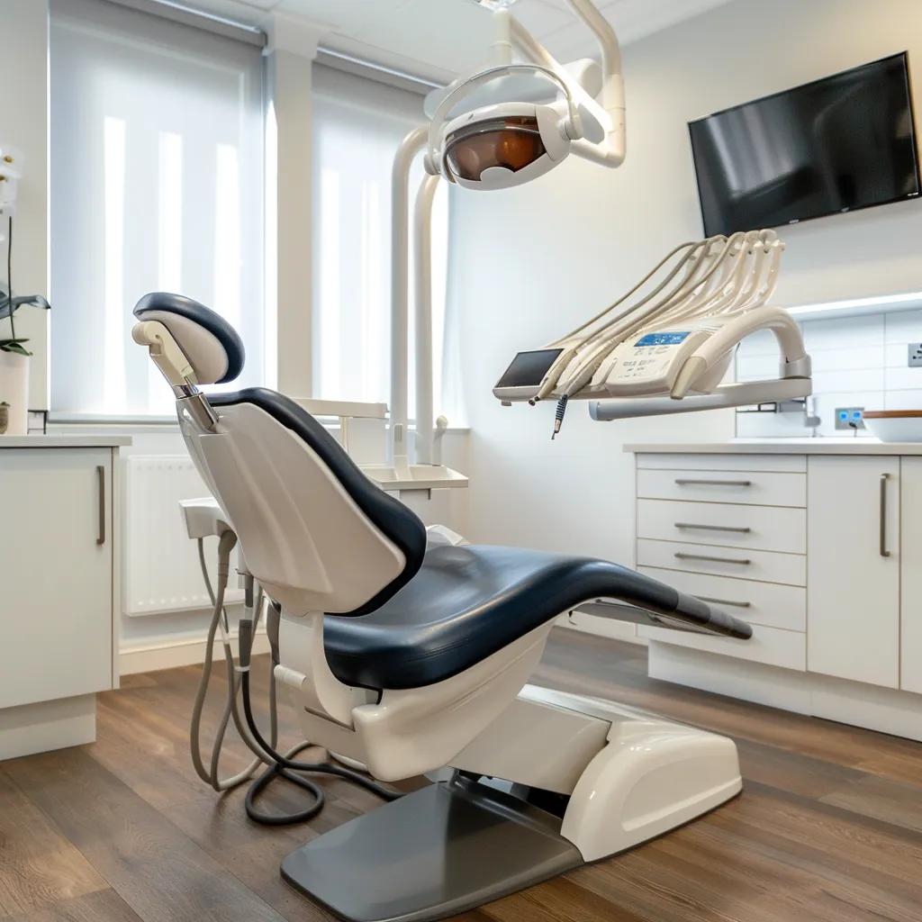 a modern, well-equipped dental clinic in sandgate, showcasing a sleek treatment chair and advanced dental tools, accentuated by bright overhead lighting that emphasizes the immaculate cleanliness and professionalism of emergency dental care.