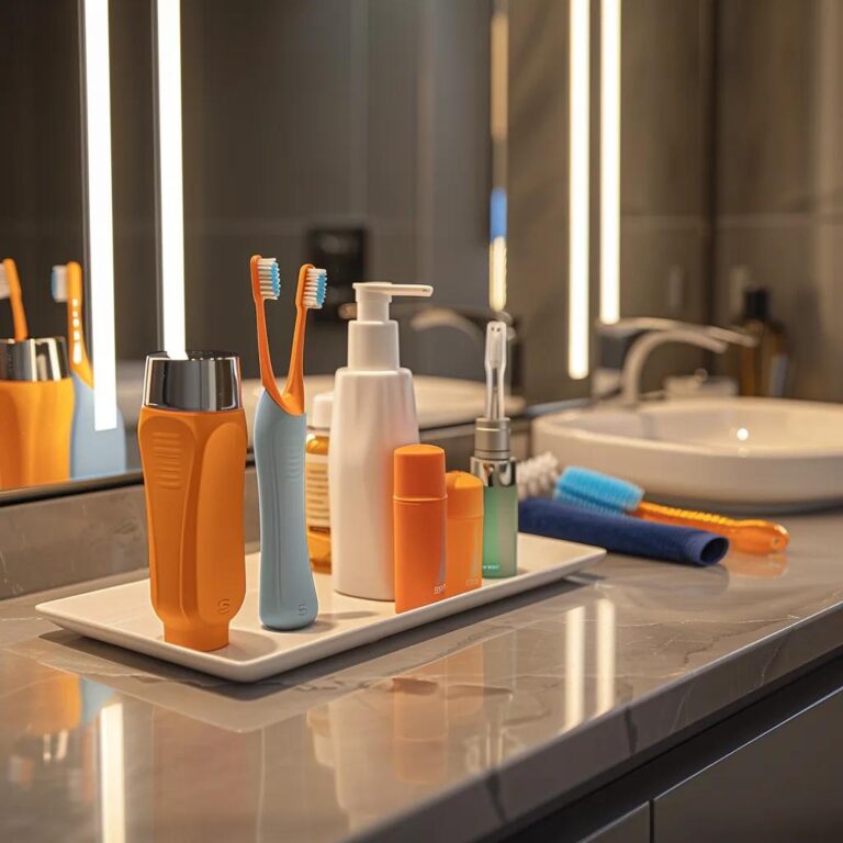 Modern bathroom countertop with dental hygiene products, including electric toothbrushes, toothpaste, and mouthwash, emphasizing oral care and preventive dental health.