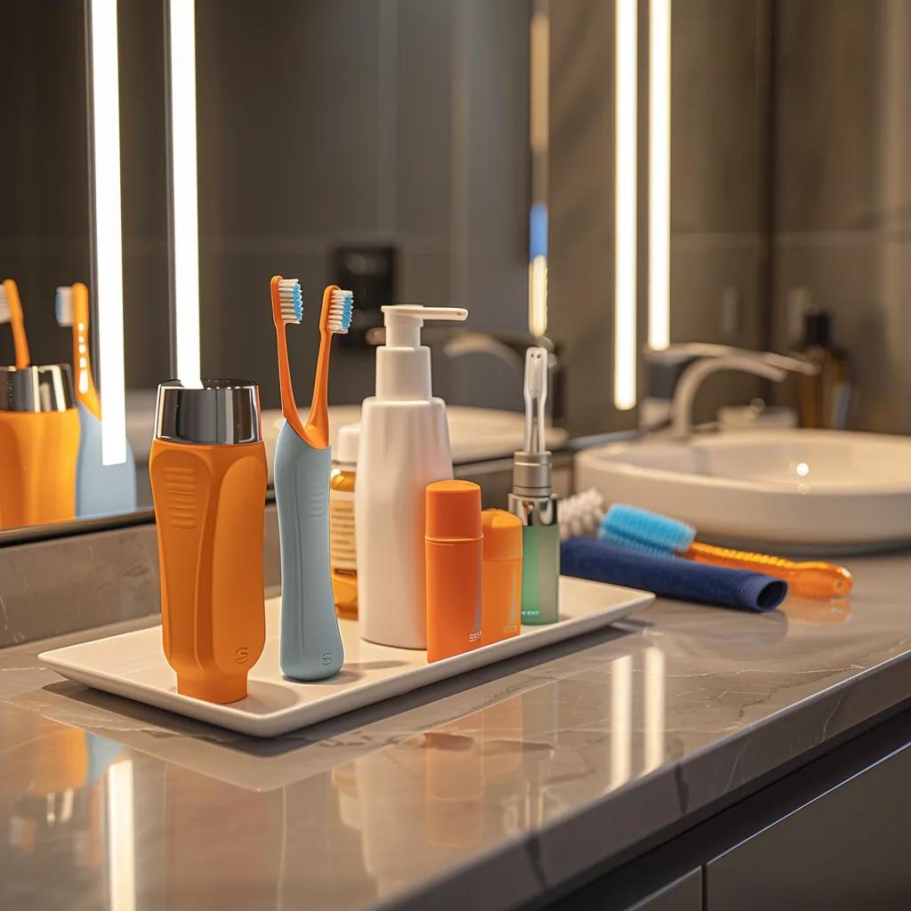 a modern bathroom countertop is elegantly arranged with an array of vibrant toothbrushes, sleek dental floss containers, and a stylish mouthwash bottle, all reflecting a commitment to optimal oral hygiene in a polished and clean urban setting.