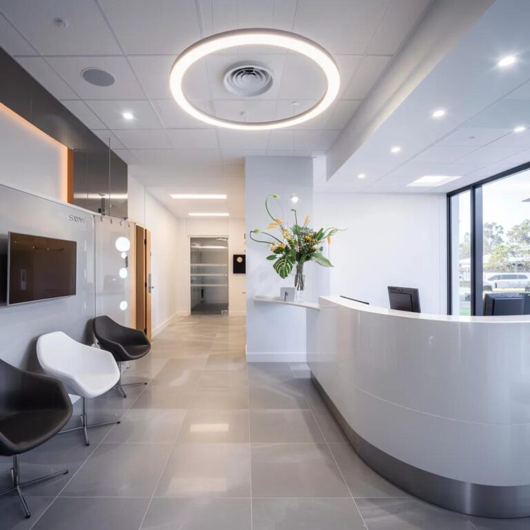 Modern dental clinic reception area with sleek design, white and black chairs, vibrant floral arrangement, and welcoming front desk, emphasizing patient-centric preventive dental care services in Boondall.