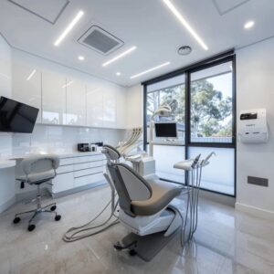 Modern orthodontic clinic interior with dental chair, equipment, and large windows for natural light, emphasizing a welcoming and advanced dental care environment in Boondall.