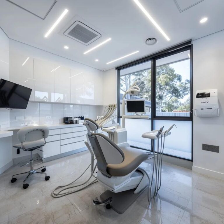 Modern orthodontic clinic interior with dental chair, treatment equipment, and large windows, emphasizing a patient-centric approach to preventive dental care in Boondall.