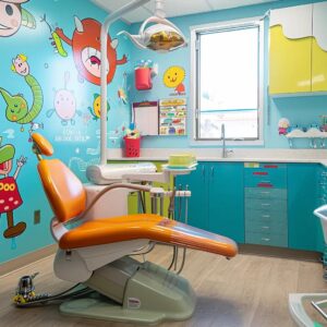 Pediatric dental room with colorful wall murals, an orange dental chair, and child-friendly decor, emphasizing a welcoming environment for kids at Sandgate Family Dental in Boondall.