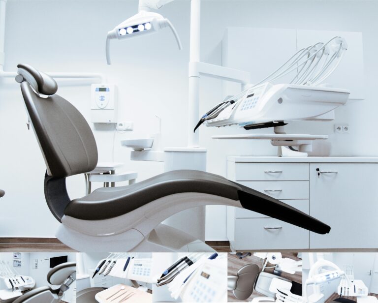 Dental treatment room with a dental chair and overhead light