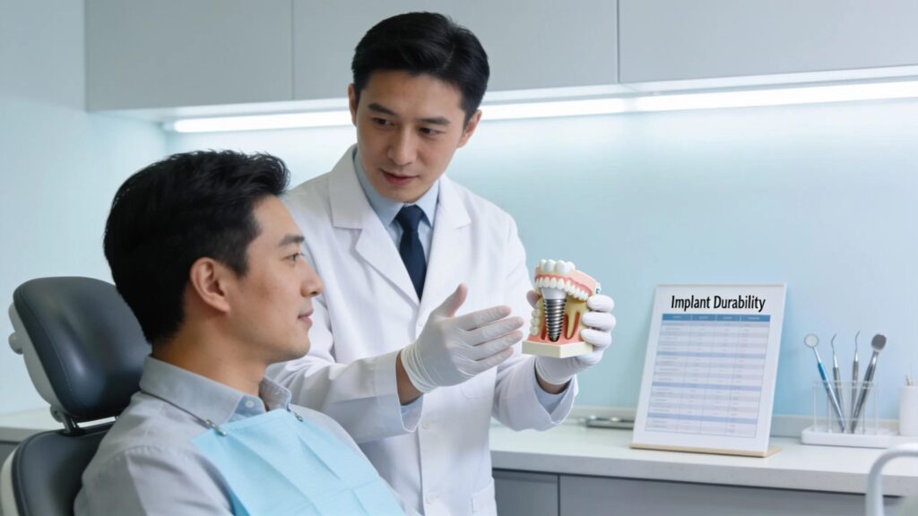 Dental professional discussing implant durability with a patient in a clinical setting