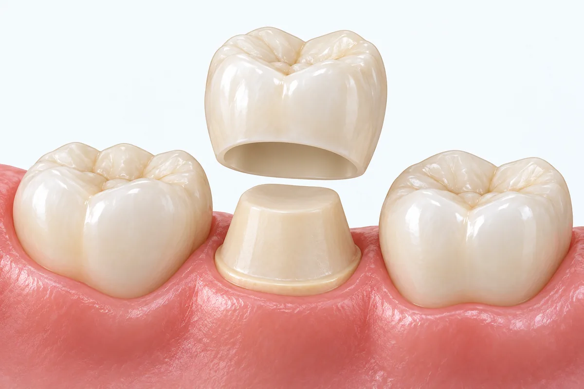 A hollow dental crown positioned above a prepared tooth between neighbouring teeth.