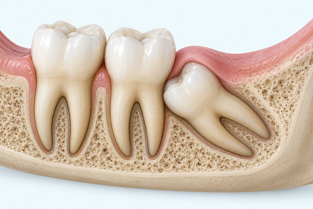 A lower wisdom tooth tilted forward against the molar in front, partly covered by gum.